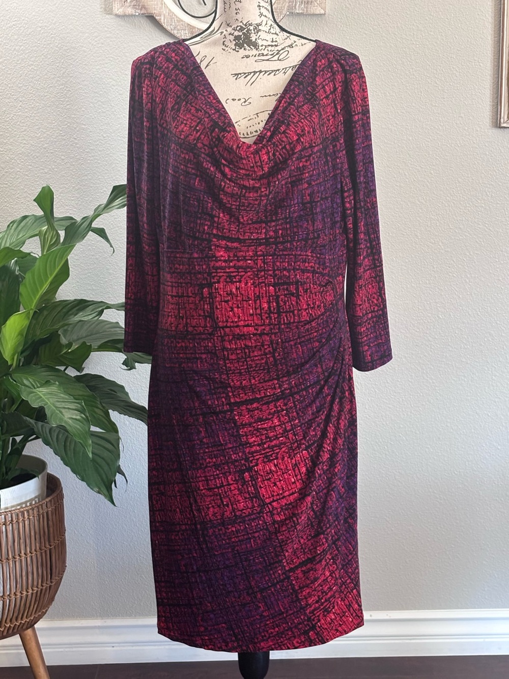 Anne Klein Red and Black Cowl-Neck Long Sleeve Dress
